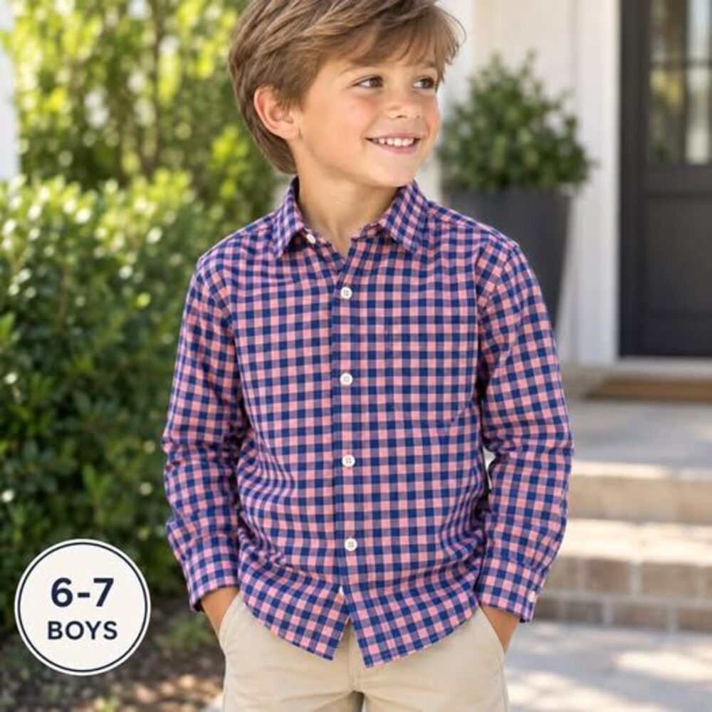 Boden Boys Pink & Navy Gingham Button Down Shirt – Size 6–7Y – Gender Reveal